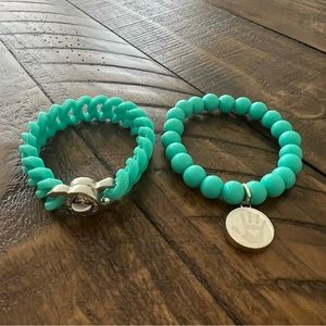 Rustic Cuff Silver Turquoise Aqua Rubber Chain Bracelet Set (2)